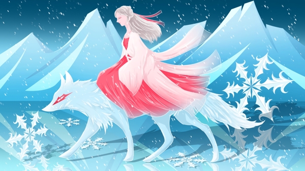 冬天你好古风梦幻插画大雪中骑狐狸的红衣女
