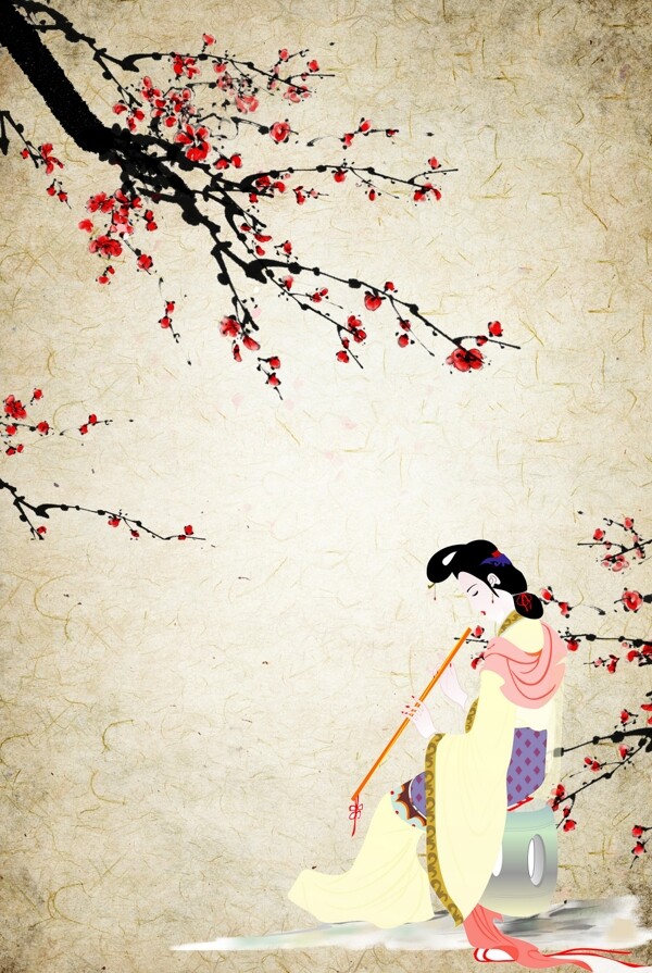 唯美意境复古中国风工笔画仕女图海报背景