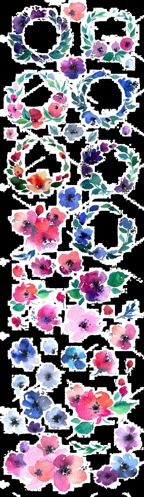 清新重色水彩花朵手绘花环装饰元素
