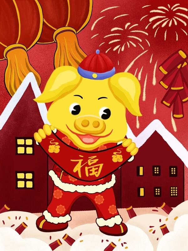 红色金猪送福猪年大吉节日插画