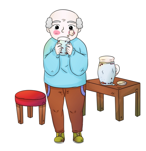手绘冬季喝养生茶老人插画