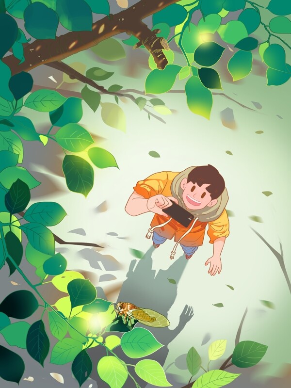 绿色彩绘小青插画四月男孩背景设计