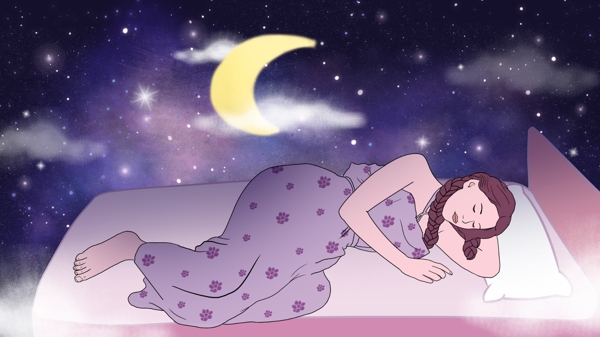 晚安你好星空月亮睡觉少女小清新原创插画