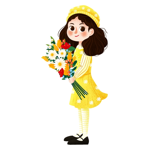 可愛風(fēng)拿花的小女孩元素