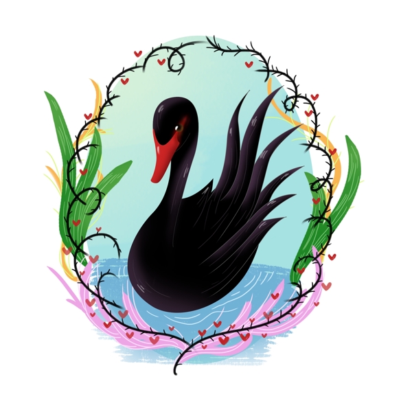 黑色情人节浪漫手绘黑色天鹅装饰动物素材