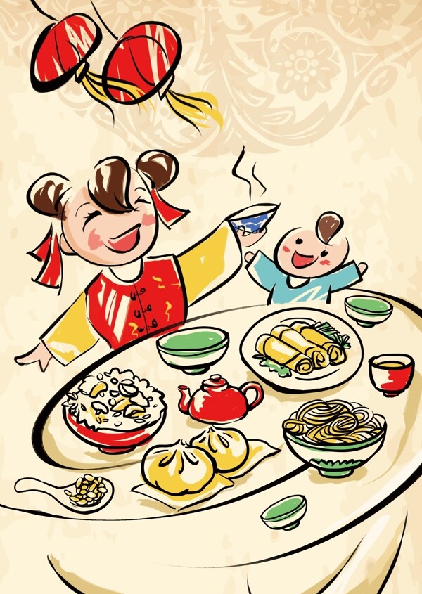 手繪孩童吃飯廣告背景