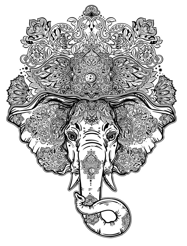 手绘复杂花纹大象头矢量素材