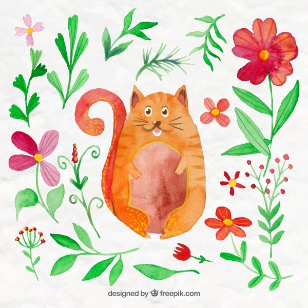 水彩绘花卉和胖猫咪矢量素材
