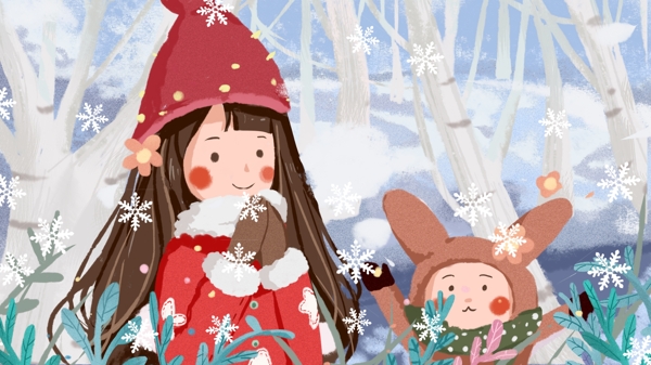 冬天你好女孩和小动物的邂逅温暖可爱插画