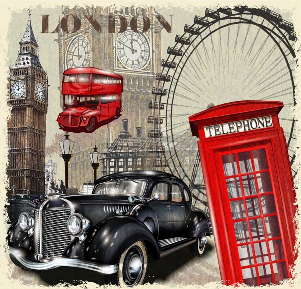 英国复古建筑和汽车插画