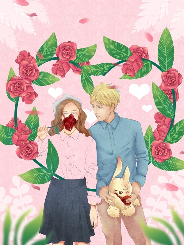 粉色彩绘浪漫插画玫瑰情侣表白背景设计