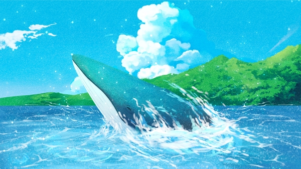 唯美大海与鲸治愈系鲸鱼海洋海蓝时见鲸插画
