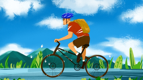 骑车远行的青年旅行插画