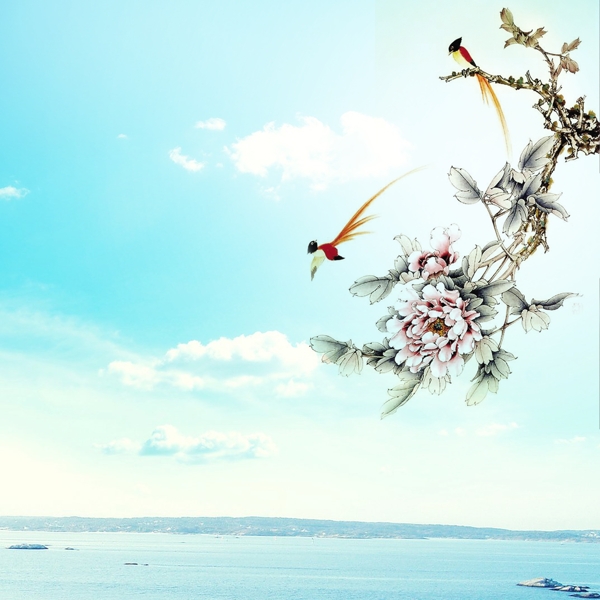 藍(lán)天白云花朵樹(shù)葉鳥(niǎo)兒素材