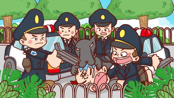 国际警察日公安民警逮捕坏人手绘原创插画