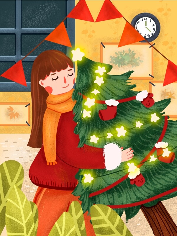 圣诞节快乐可爱卡通女孩抱着圣诞树