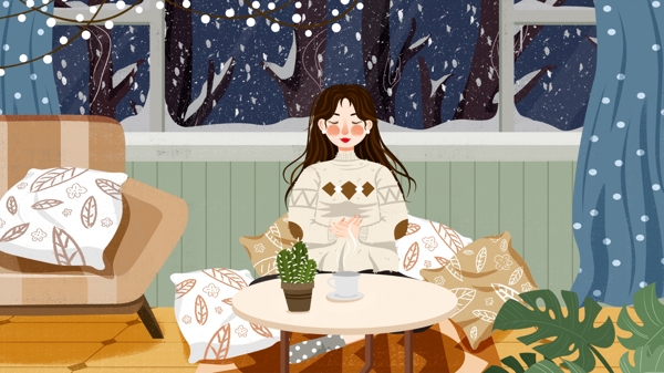唯美节气大雪下雪夜景女孩临窗而坐插画