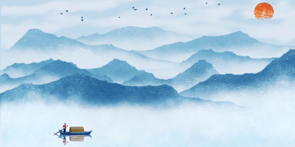 中國風(fēng)藍(lán)色水墨風(fēng)景背景