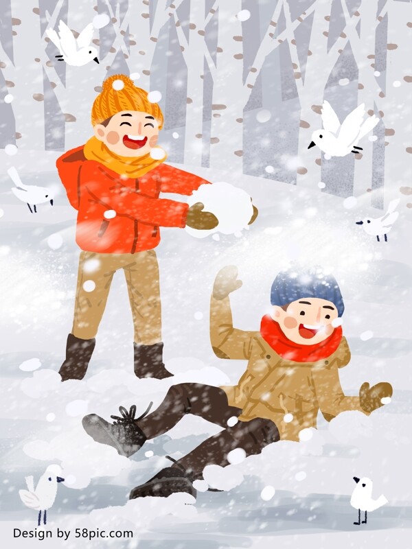 雪地里打雪仗原创手绘插画