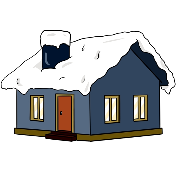 手绘冬季蓝色的房子插画