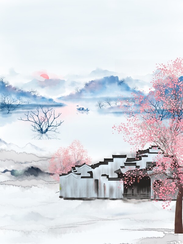 水墨山水桃花园中国风背景