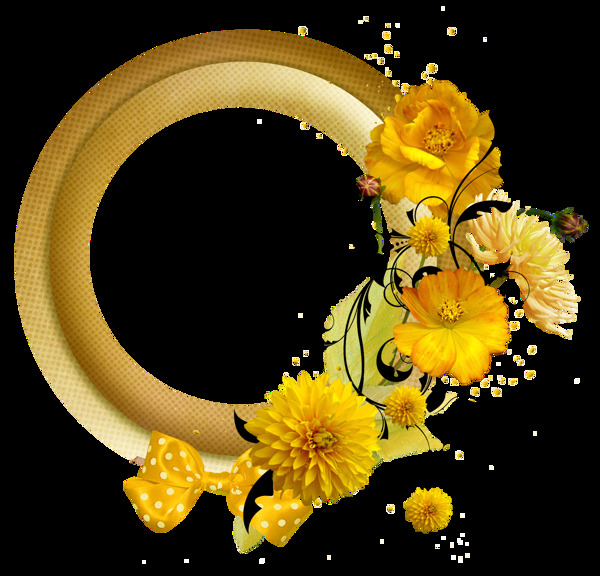 水彩彩绘黄花圆形框架png透明素材