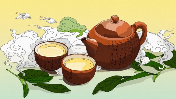 原创中国茶道吃茶美食手绘插画
