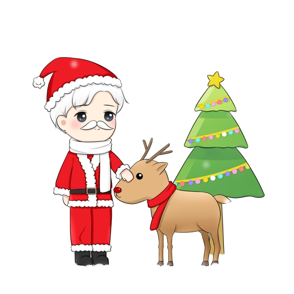 手绘卡通圣诞节圣诞老人麋鹿和圣诞树psd免抠