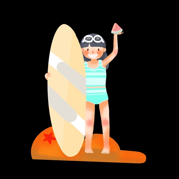 夏天海滩上拿着冲浪板的女孩