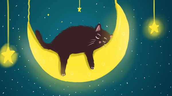 萌宠系列在月亮上睡着的小猫咪治愈插画配图