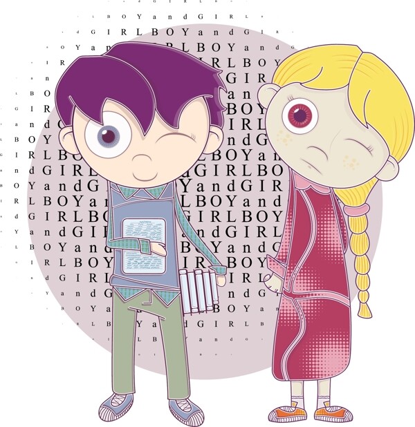 卡通男孩女孩矢量素材圖