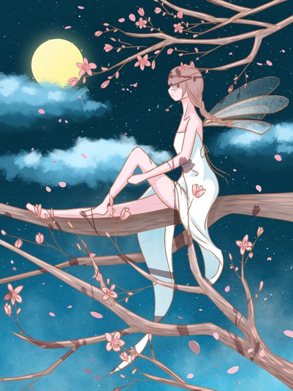 晚安世界治愈系插画夜晚桃花树上的精灵女孩