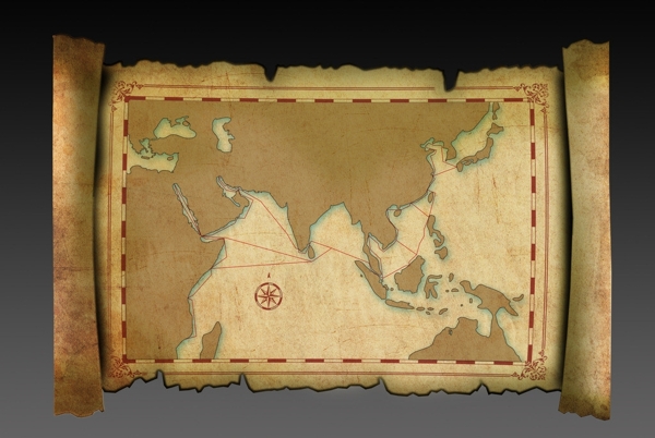 残旧羊皮卷轴古航海图图片