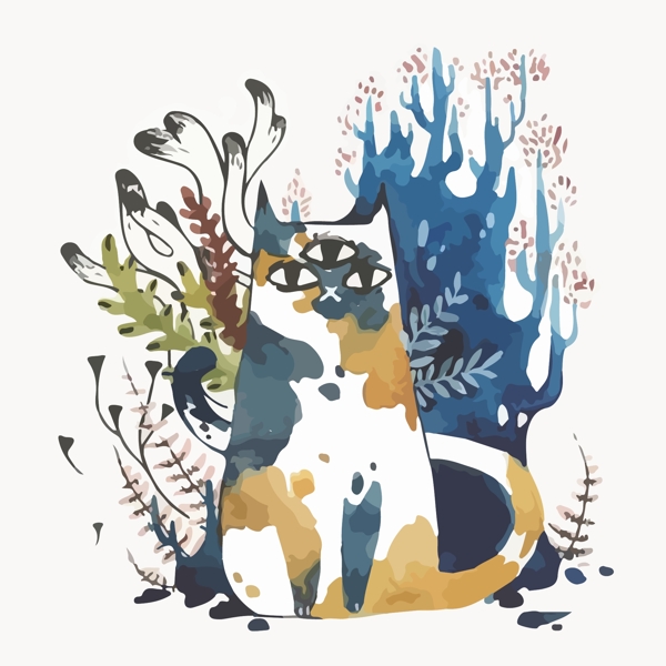 印花矢量图艺术效果水彩动物猫免费素材