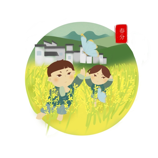 手繪卡通場景油菜花