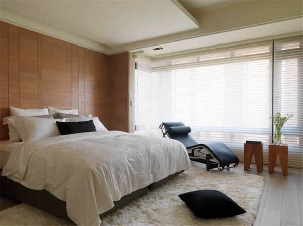 现代时尚卧室木材花纹背景墙室内装修效果图