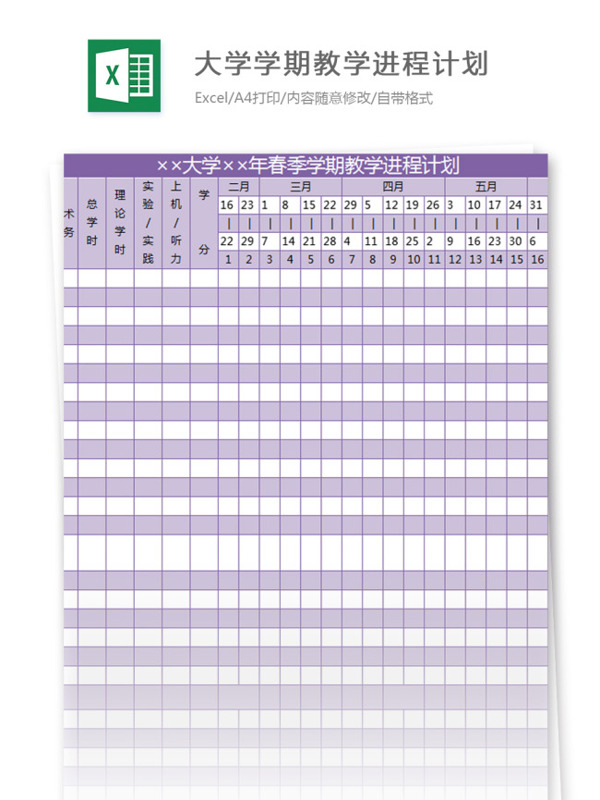 大學(xué)學(xué)期教學(xué)進(jìn)程計劃excel模板