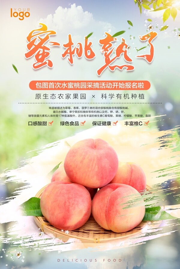 簡約小清新水蜜桃采摘季宣傳海報