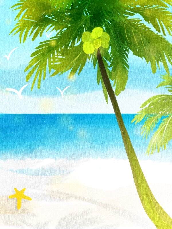 手绘小清新水彩风格海边椰树蓝天白云背景