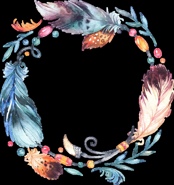 蓝色雅致羽毛手绘花环装饰元素