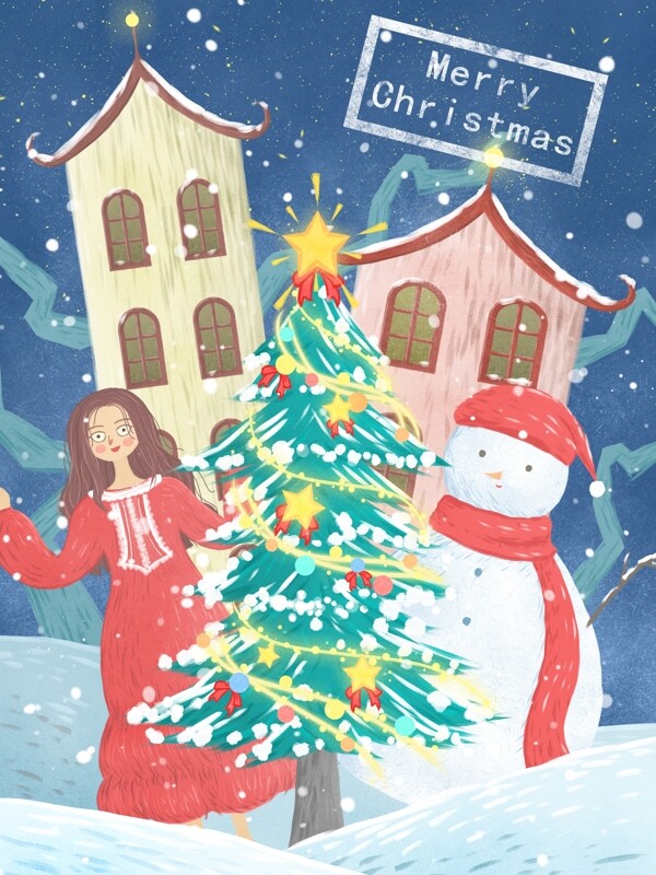 圣诞节肌理写实插画圣诞树下的女孩和雪人
