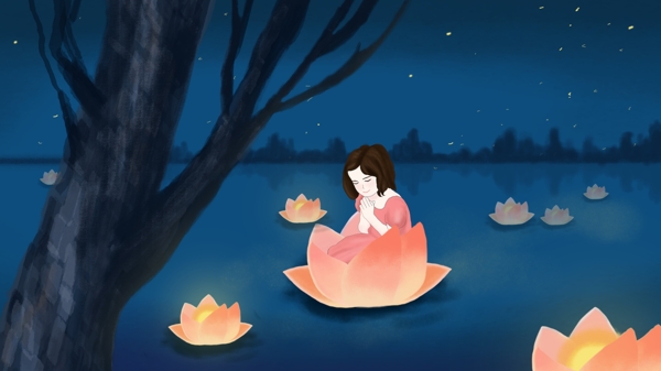 夜晚中元節(jié)女孩祈愿