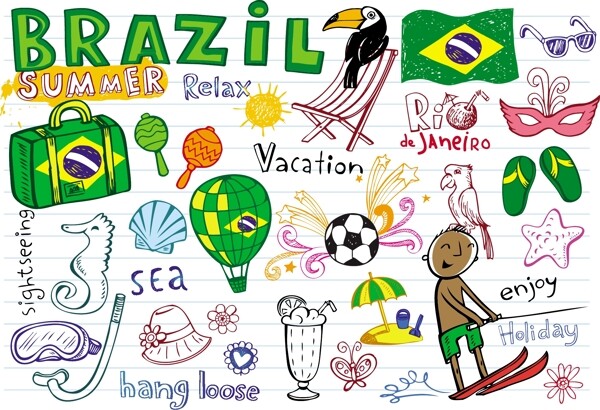 手绘巴西世界杯元素矢量素材