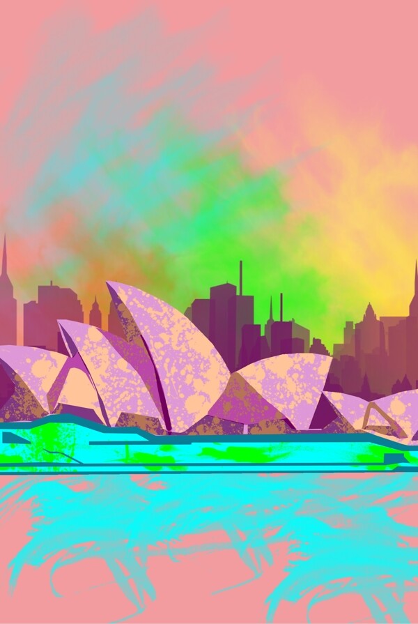 悉尼歌剧院油画风世界地标建筑