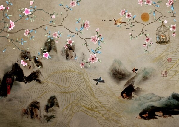 中式古典画水墨花鸟玄关屏风装饰