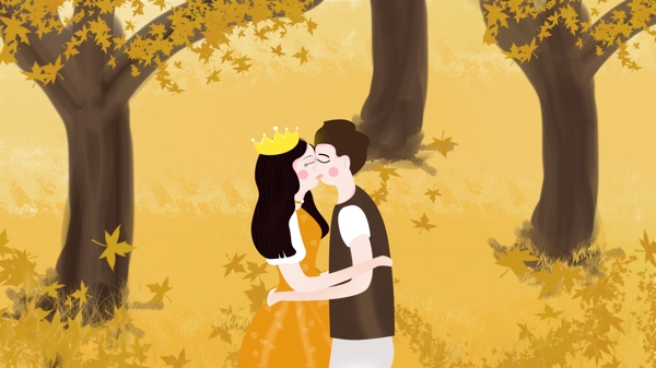 秋天情侣在森林树林里约会拥抱亲吻原创插画