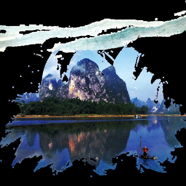 中国风镜面湖水墨山水装饰元素
