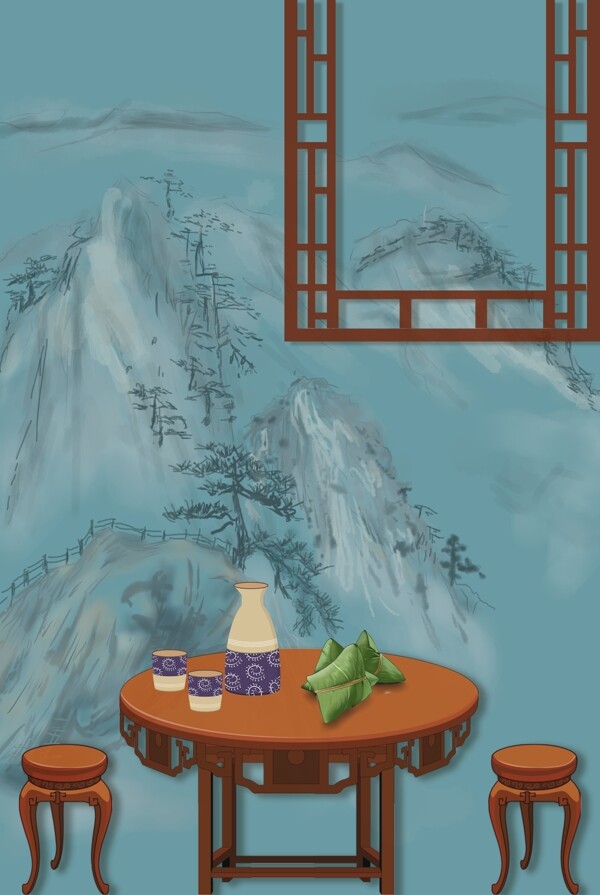 复古中国风端午节粽子端午酒山水海报背景