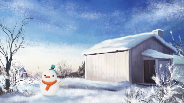 冬天你好冬季房子与雪地上的雪人