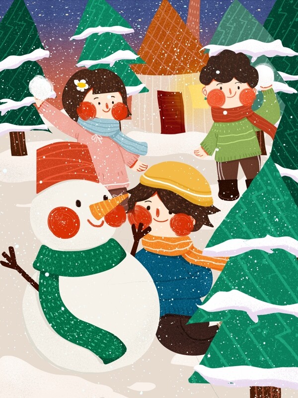 堆雪人打雪仗可爱简约扁平原创插画